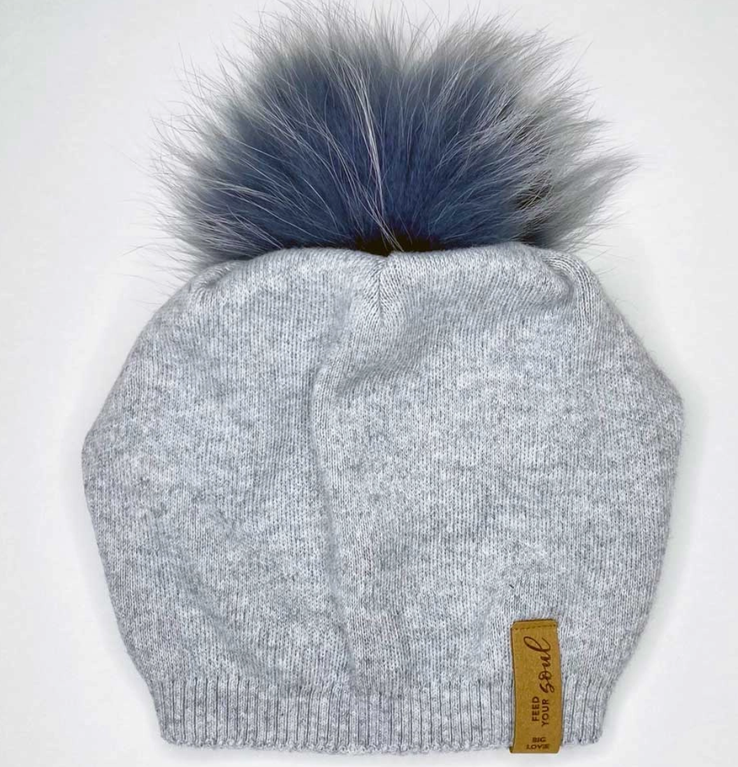 Super Soft Slouch Hat with Real Fur Pom Pom