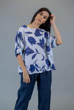 White and Blue Flower Linen Top